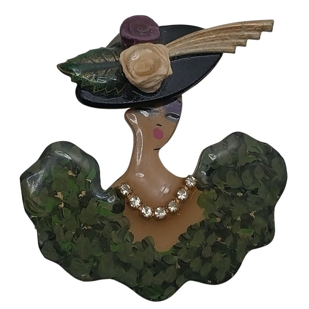 Lady Head Brooch Pin Silhouette Vintage Rhinestone & Floral Hat Wooden Laquer